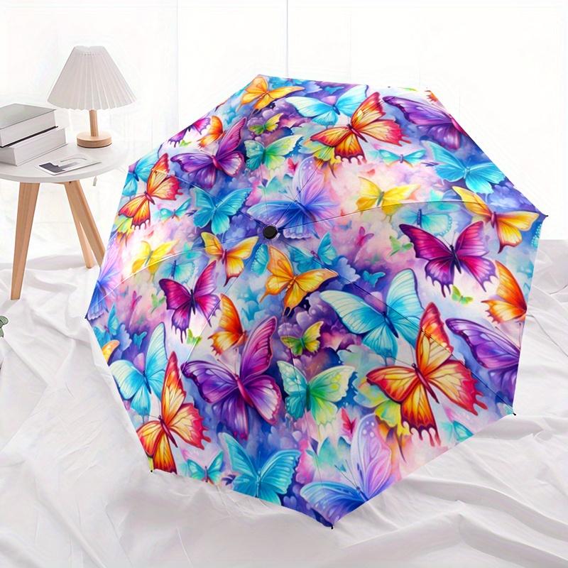 1pc Colorful Butterfly Print Automatic Portable Umbrella - Durable Metal Frame and Plastic Handle, Vivid Design, Cute Fashiona