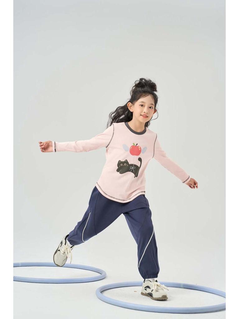 Autumn Kids' Color Block Cartoon Linen T-Shirt - Boys & Girls Long Sleeve Crew Neck