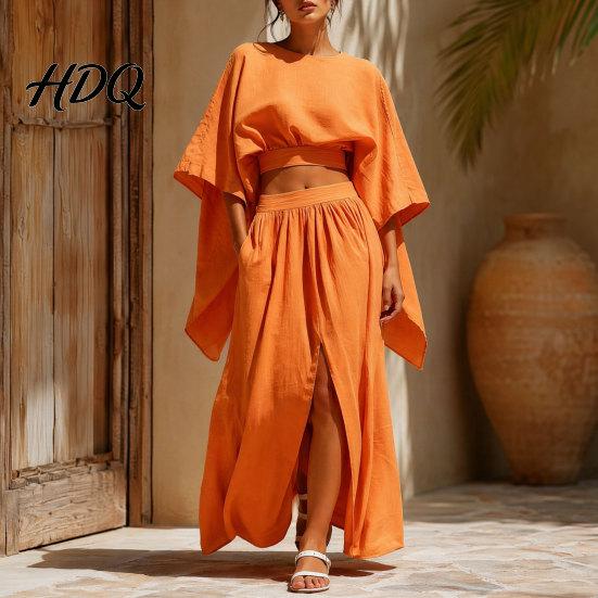 Polyester Fiber Outfit Women Summer 2 Piece Outfits Batwing Half Sleeve Crop