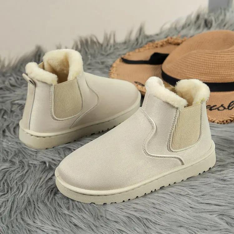 Snøstøvler for kvinner Varm plysj-slip-on Solid Plus Size Mote Ankelstøvler Damer Vinter Komfortable bomullssko for kvinner NYHET