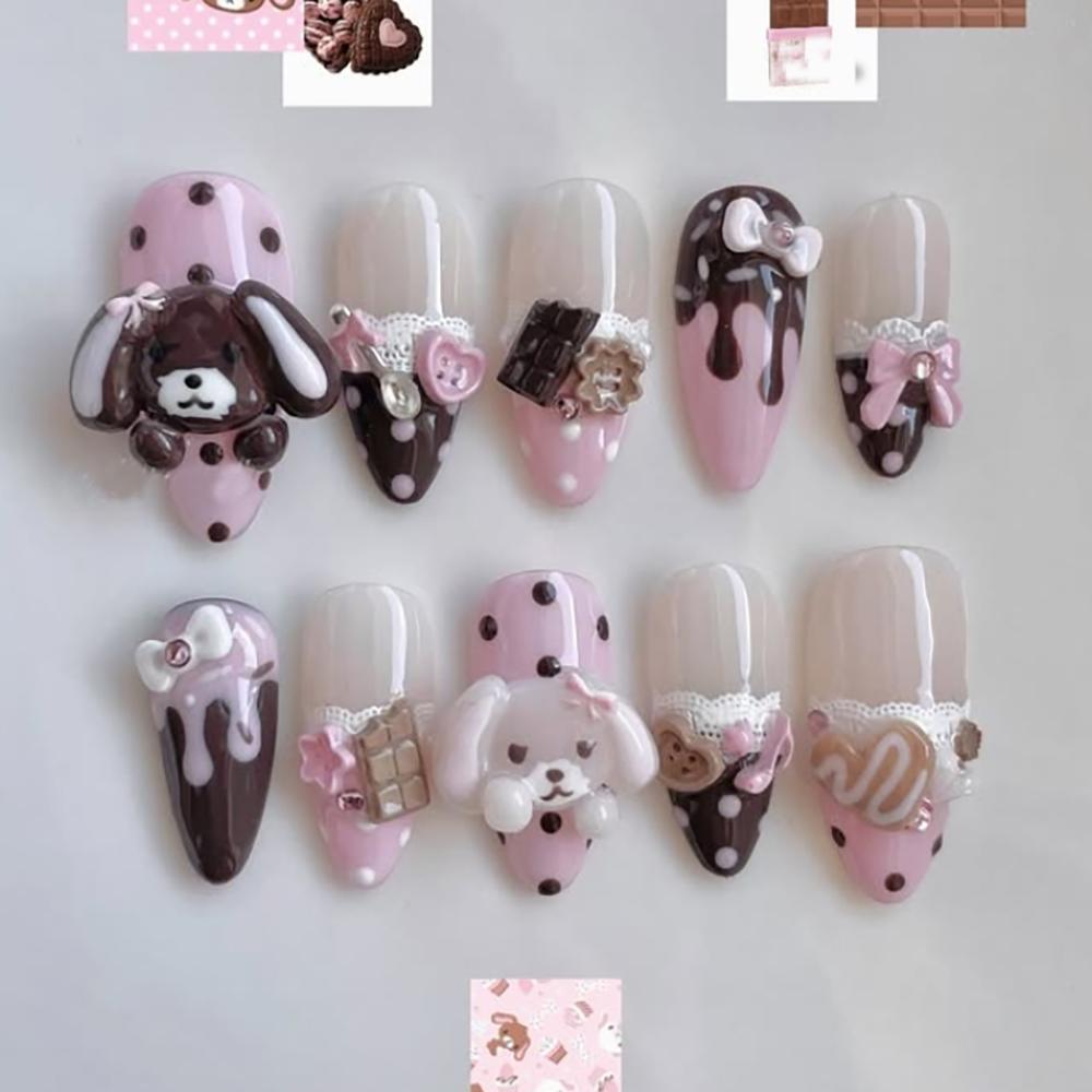 Handmade 3D Cute Rabbit Cat Pink Chocolate Dessert Cream Cartoon Almond Shaped Press On Nails Art Stickers
