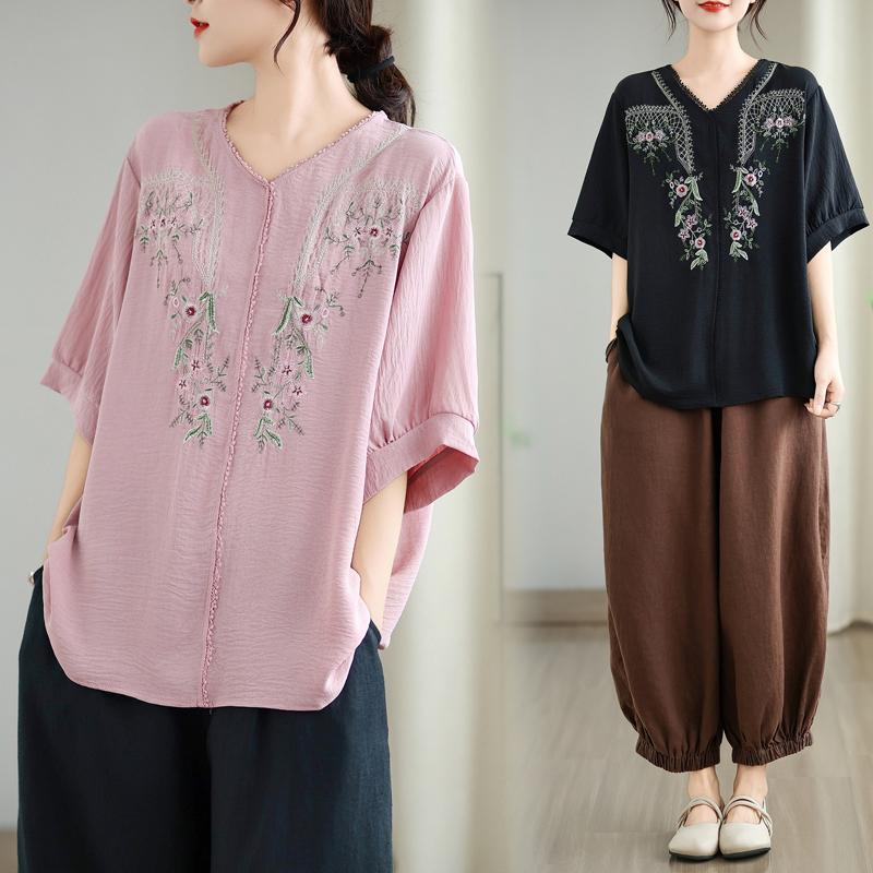 Dimanaf 2025 Summer Plus Size T-Shirt Floral Women Short Sleeve V-Neck Short Loose Tops Tees