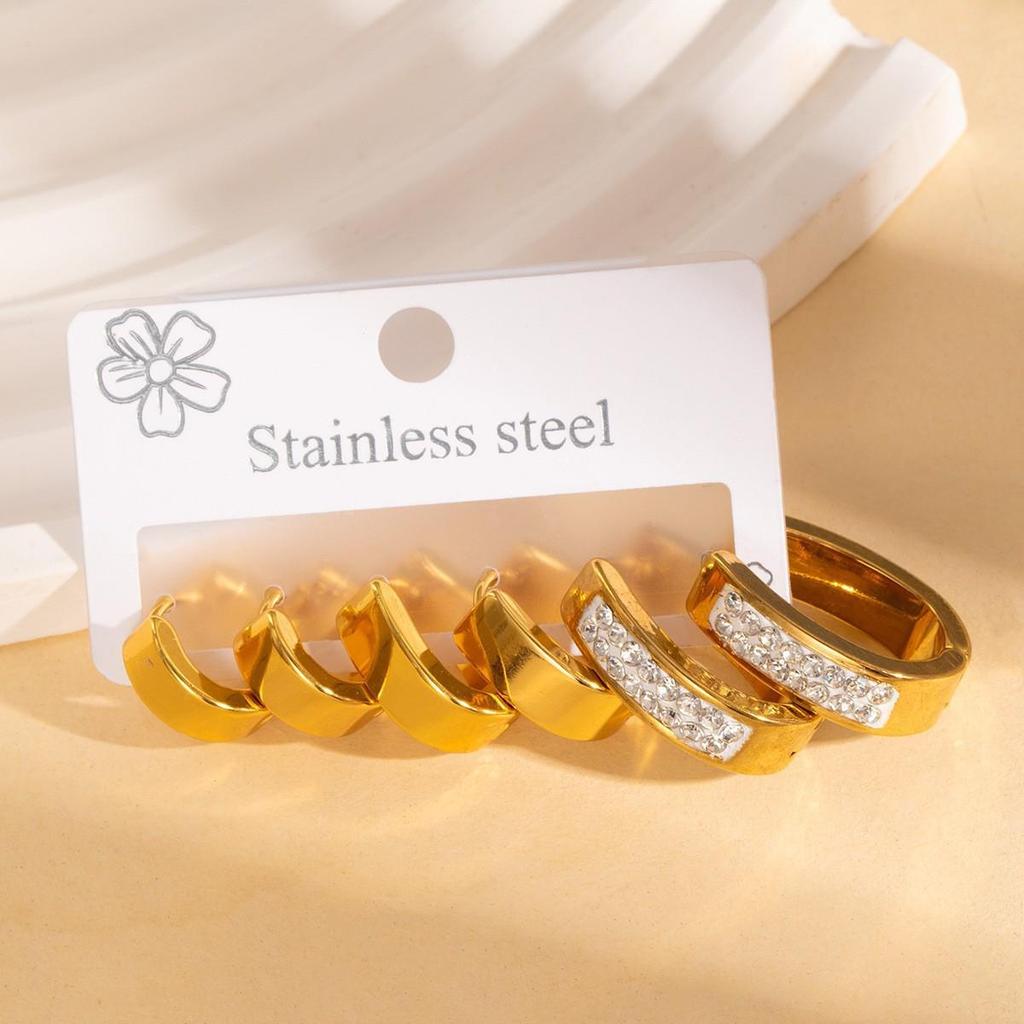 European 18K Gold-Plated Stainless Steel Rhinestone Earring Set – Unisex Non-fading Ear Studs, 3 Pairs