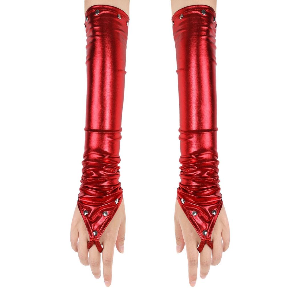 Women Ladies Wetlook Metallic Fingerless Latex Gloves with Rivets Patent Leather Elbow Length Long Gloves Night Club Dancewear