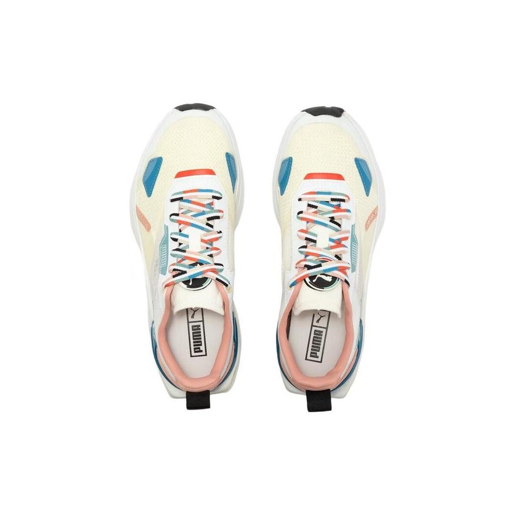 Puma Tênis Femininos Kosmo Rider Camadas de Tecido e Couro Branco Rosa Azul 387866-01