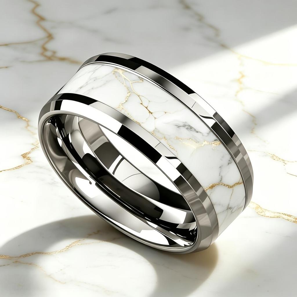Modern Luxury White-Gray Inter-Golden Marble Texture Inlay Classic Stainless Steel Rings For Men Women Wedding Band Jewelry Gift