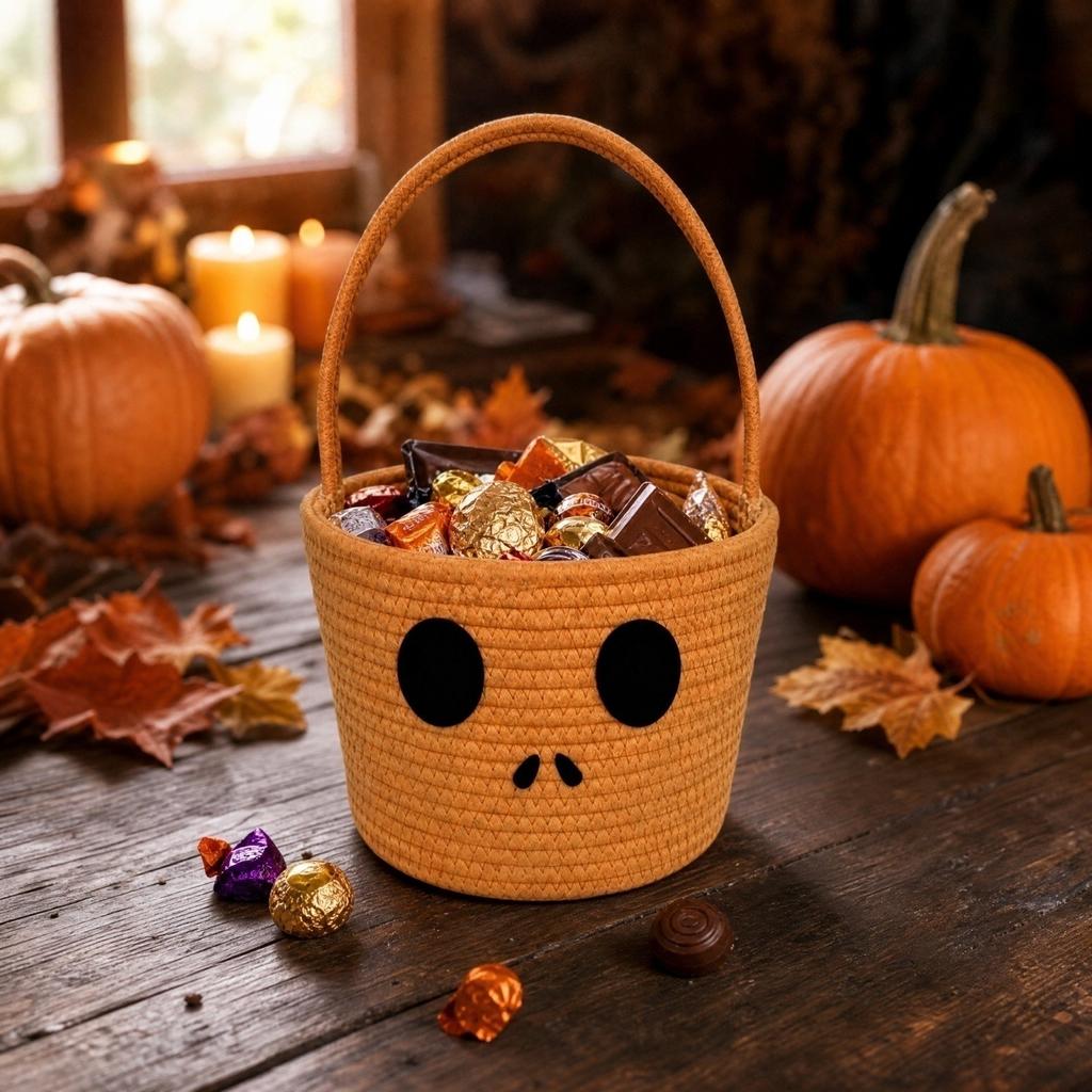Kids Halloween Cotton Rope Storage Basket Pumpkin Handwoven for Snacks Candy and Decor