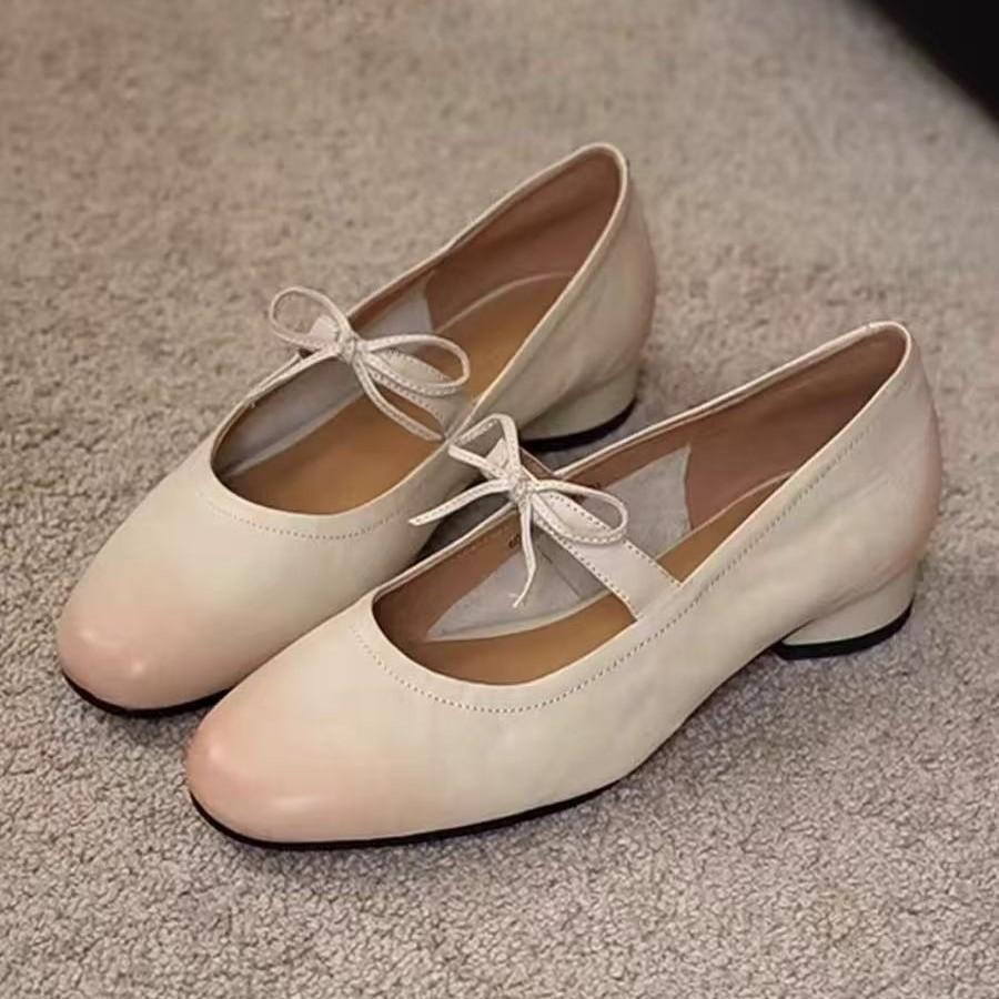 

French retro Mary Jane women s summer round head thick heel soft sole comfortable light mouth fashion with skirt bow single shoes women 40 абрикосовый