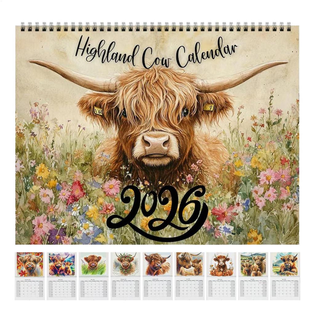 2026 Wall Calendar Highland Cattle Calendar Funny Highland Cow Thick Paper Monthly Planner Home Wall Decorations New Year Gifts