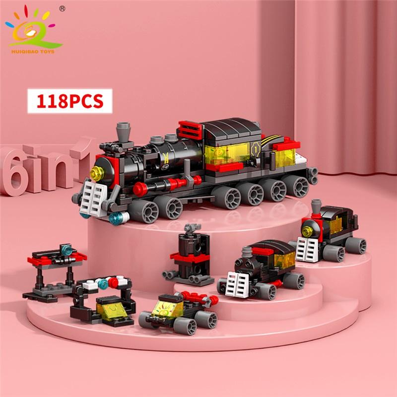 HUIQIBAO 6IN1 Stadt Baumaschine Polizeiwagen Bausteine Panzer Hubschrauber Steine Feuerwehr Set Spielzeug für Kinder