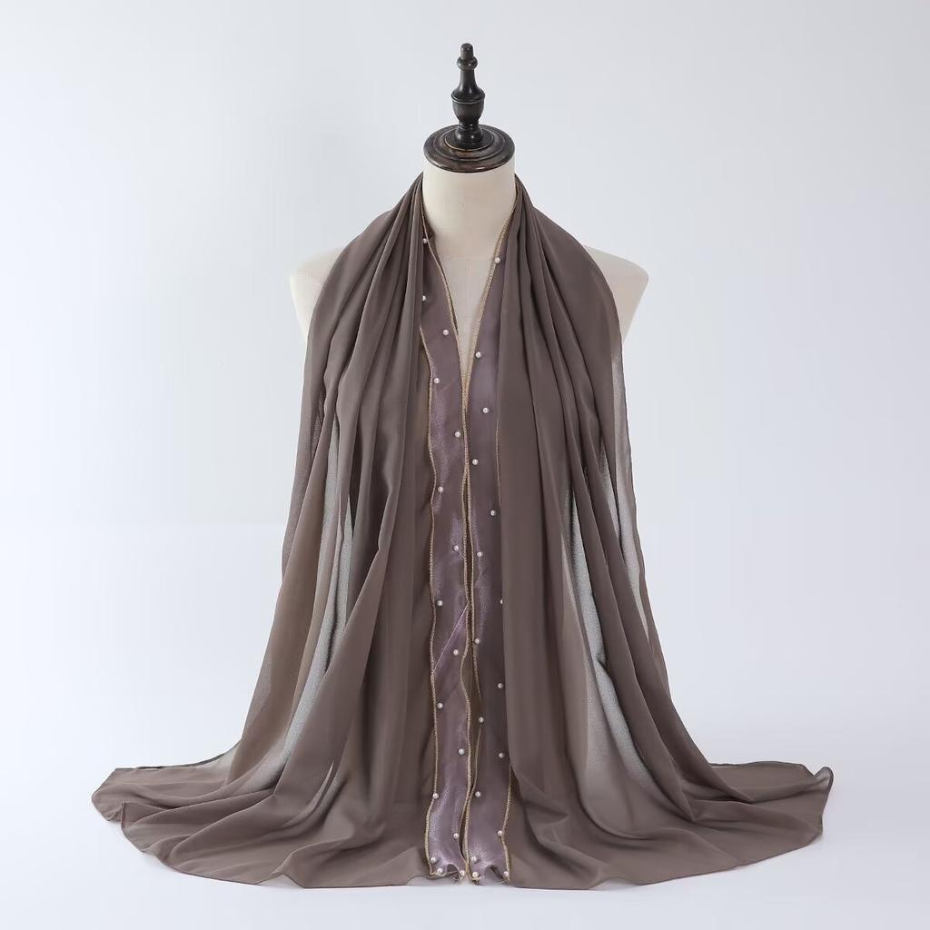 Luxury Pearl Chiffon Scarf Soft Solid Long Scarves Thin Hijab Muslim Women'S Headscarf Ethnic Turban Shawl 70*175Cm