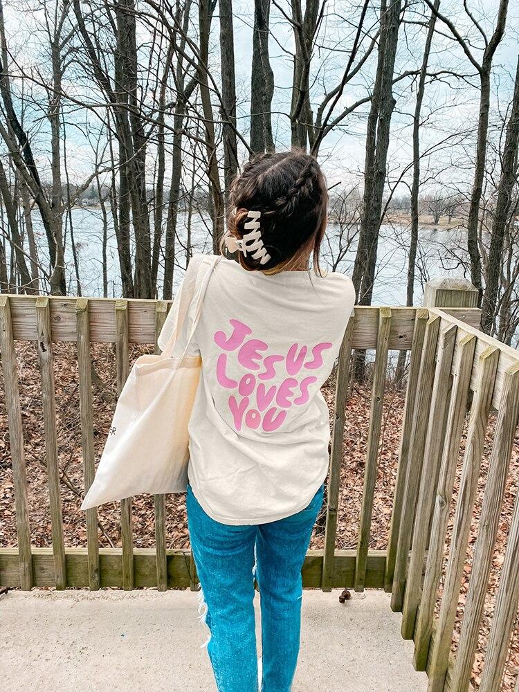 Jesus Loves Me Letter Tricouri pentru femei Topuri supradimensionate respirabile Creativitate Toate matematice Mâneci scurte Gâtul O femei Tricou din bumbac Îmbrăcăminte