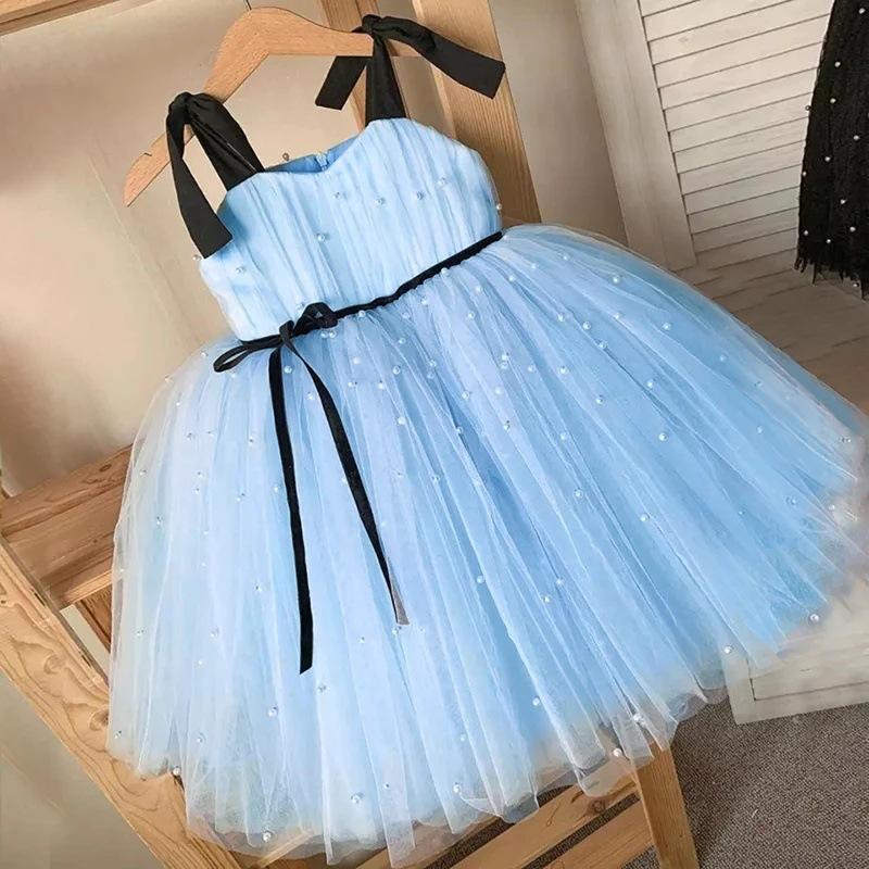 Summer Baby Girls Party Dress Kids Bow Fluffy Tutu Gown Flower Girls Blue Dresses Wedding