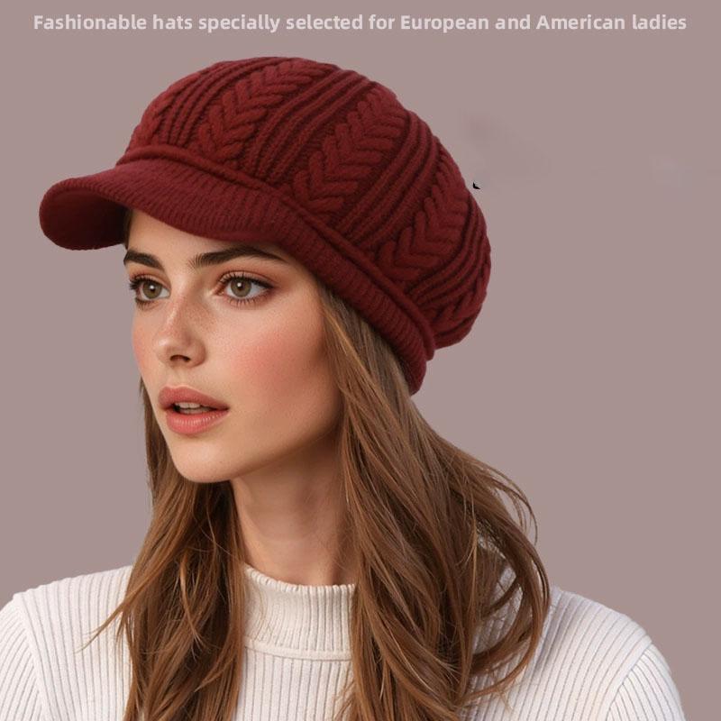 

Fashion Middle-aged and Elderly People Keep Warm Knitted Mao Line Hat Women Autumn and Winter Thickened Ear Protection Duck Tongue Beret червоний
