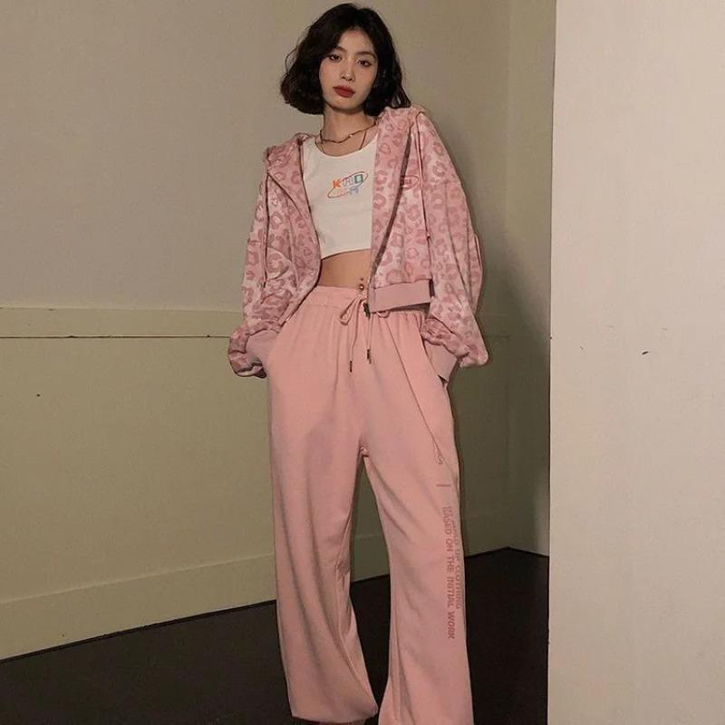 Bluza z kapturem rozpinana Y2k Streetwear Luźny różowy panterkowy krótki kardigan damski wiosna i jesień Nowe ubrania vintage Topy