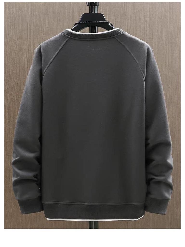 Trendy Men's Solid Color Round Neck Sweatshirt: Stylish, Comfortable, Loose Fit, and Fake Two-Piece Design for Autumn/Winter.