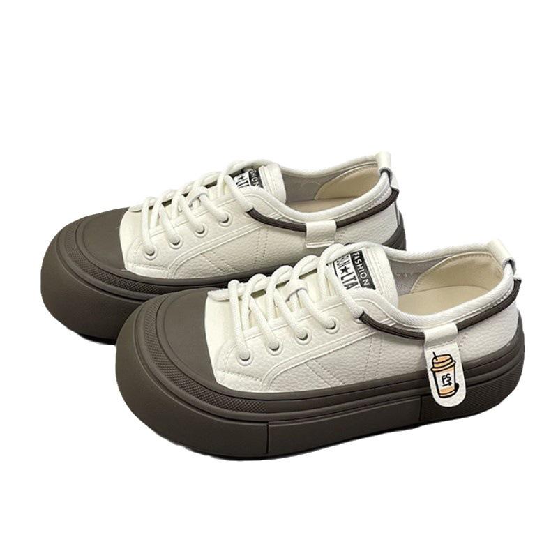 Kožené dámské boty s tlustou podrážkou, malé bílé boty, nízké, šněrovací, korejské, dvoje nošení, ležérní boty, platformové boty