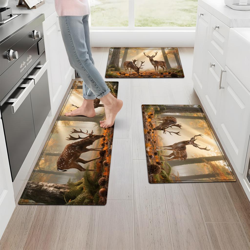 1 Stück Anti-Ermüdungs-Küchenteppiche, Plüsch Hirsch Wald Druck Wasserdicht Rutschfest Dick Gepolsterte Küchenmatte Hochbelastbare Komfort-Stehmatte für Küche