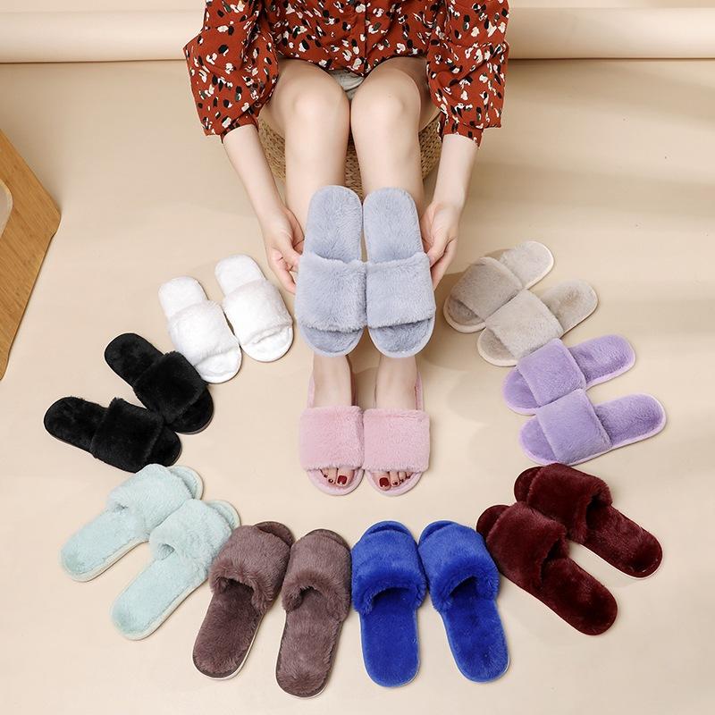 Fairy-style Pure Color Fluffy Slippers for Women, Wear Outside Lazy One-word Cotton Slippers