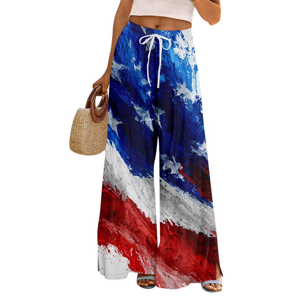 Women Summer Boho Palazzo Pants High Waist Wide Leg Floral Printing Casual Trousers With Pockets