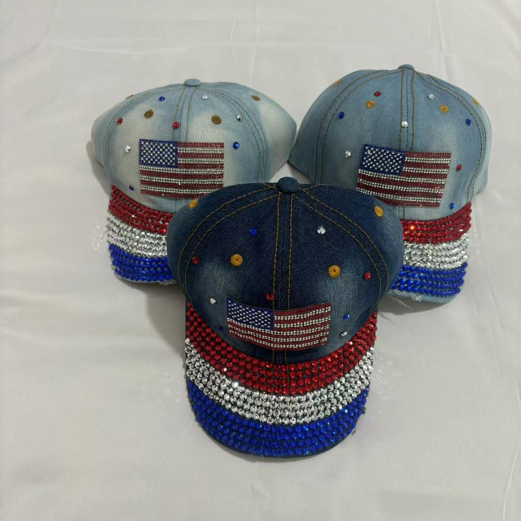 Rhinestone Flag Denim Baseball Hat Women Fashion Sun Protection Caps Outdoor Travel Sports Trendy Hip Hop Trucker Cap