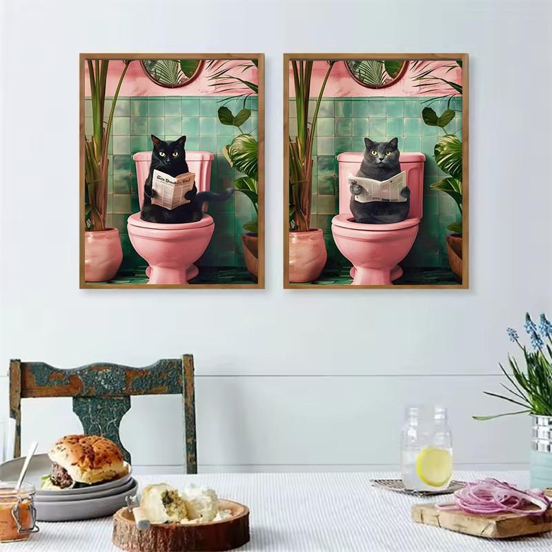 Funny Cat On Toilet Wall Art Cat Reading Newspaper Canvas Posters Print Picture for Home Bathroom Living Room Decor No Frame