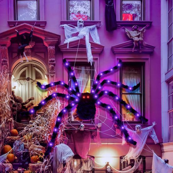 Halloweenský obří svítící pavouk Strašidelný realistický chlupatý LED pavouk s ohebnýma nohama pro vnitřní venkovní Halloweenskou zahradní domácí výzdobu