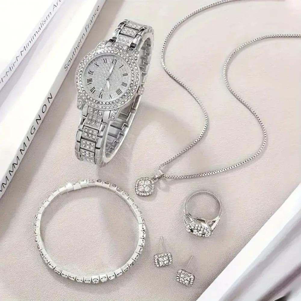 Full Diamond Roman Literary Steel Belt Watch Female Gypsy Temperament Business Quartz Watch Hip Hop Wind Full Diamond Bracelet Set