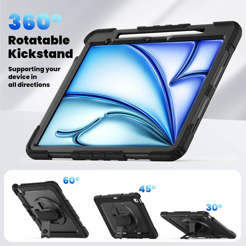 For iPad (A16) 11th Air 11 Air 13 M3 () - Heavy Duty Protective Cover with Screen Protector, Shoulder Strap & Pencil Holder