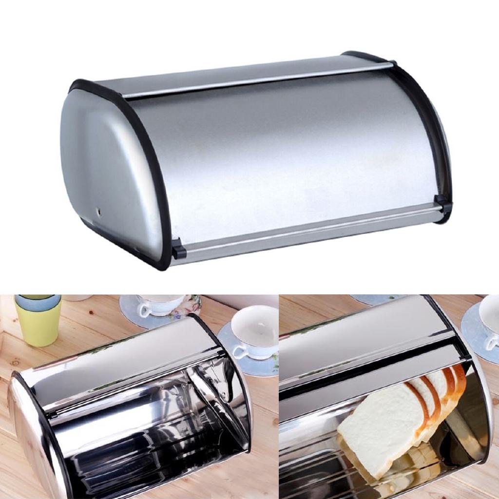 Kitchen Supplies Silver+Black Stainless Steel Roll Top Bread Box Storage Bin Silver Keeper Food Storage Container Kitchen Pastry Bread Baking Holder
