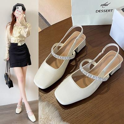 Flat Bottom Low Heel Bag Head Sandals Women's 2025 Spring and Summer New French Fashion Rhinestone Word with Shallow Mouth Square Head Single Shoes