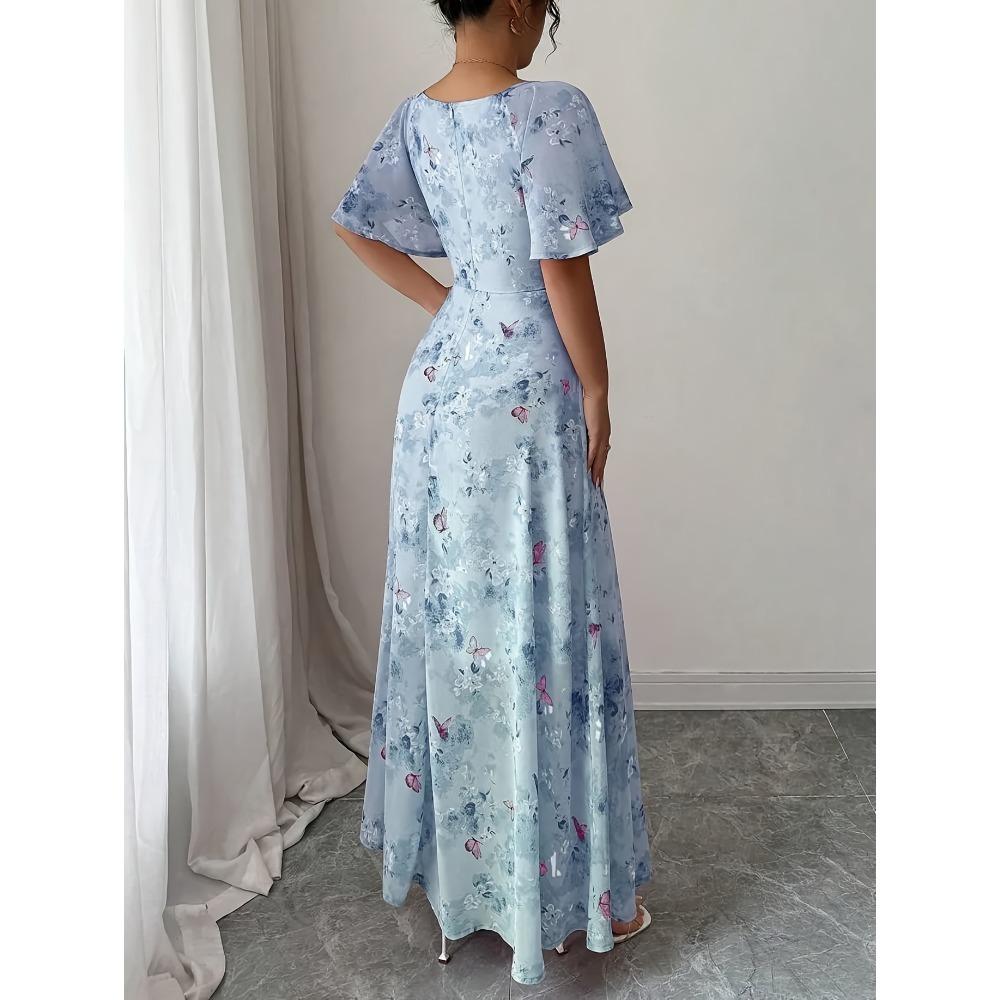 Damen Schmetterlingsmuster Fledermausärmel Chiffonkleid, Plissiert Süß Französischer Stil Sommerkleid, Elegante Koreanische Herbstmode