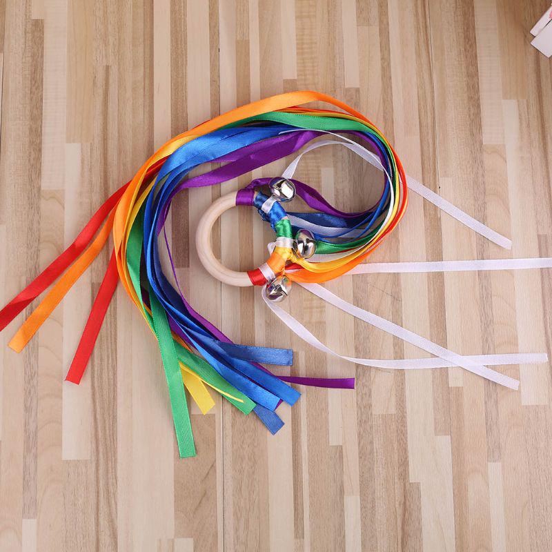 Rainbow Natural Wooden Ribbon Newborn Sensory Bell Toy Shower Gifts Dancing Prop