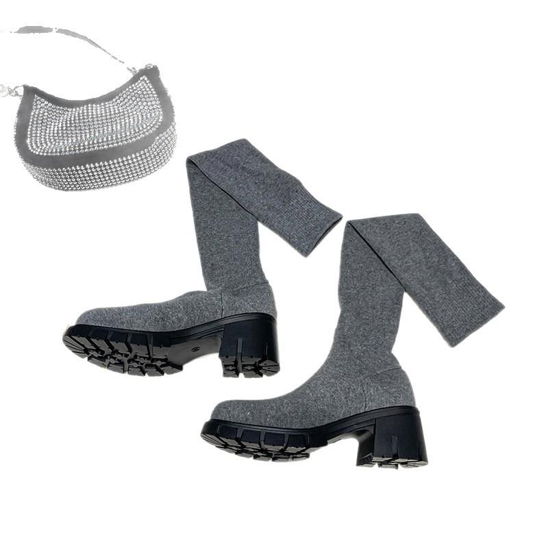 Socks boots women's new spring and autumn elastic boots over the knee thick heel pointed thin boots knitted socks shoes women
