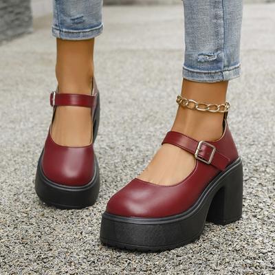 Women Mary Jane Shoes Square Heel Round Head Buckle  High Quality Chunky Platform Ankle Buckle Solid Color Women's Shoes