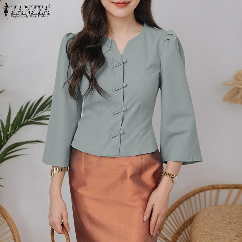 ZANZEA Women Casual V-Neck Solid Color 3/4 Sleeve Blouse