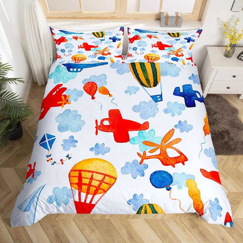 Hot Air Balloon Comforter Cover Set Vintage Bedspread Cover for Kids Landscape Quilt Cover Microfiber Polyester Bedding Set 3pcs