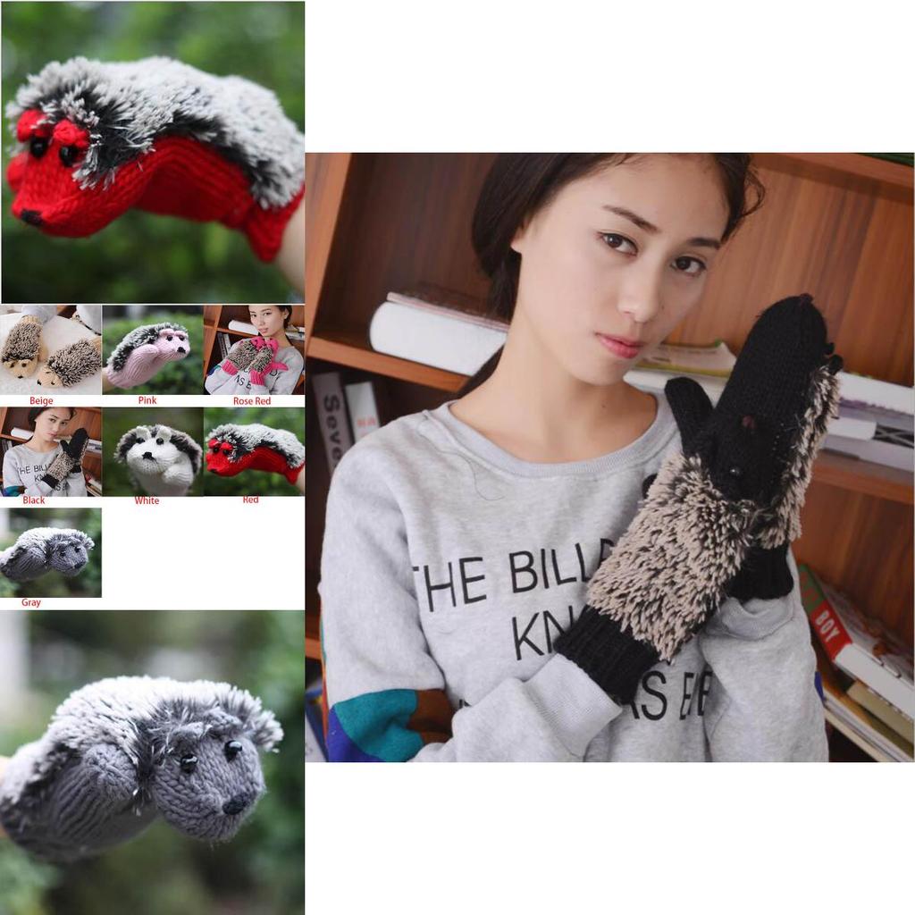 Cozy Women Girls Warm Cartoon Hedgehog Gloves Soft Knitted Winter Mittens