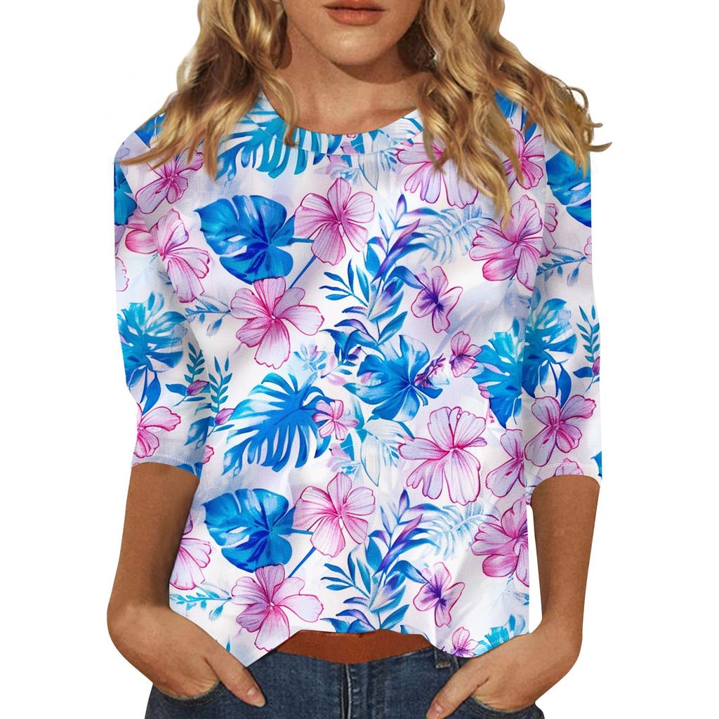 Women's Floral Print Round Neck Top With Three Quarter Sleeves T-Shirt Three Quarter Sleeves T-Shirt