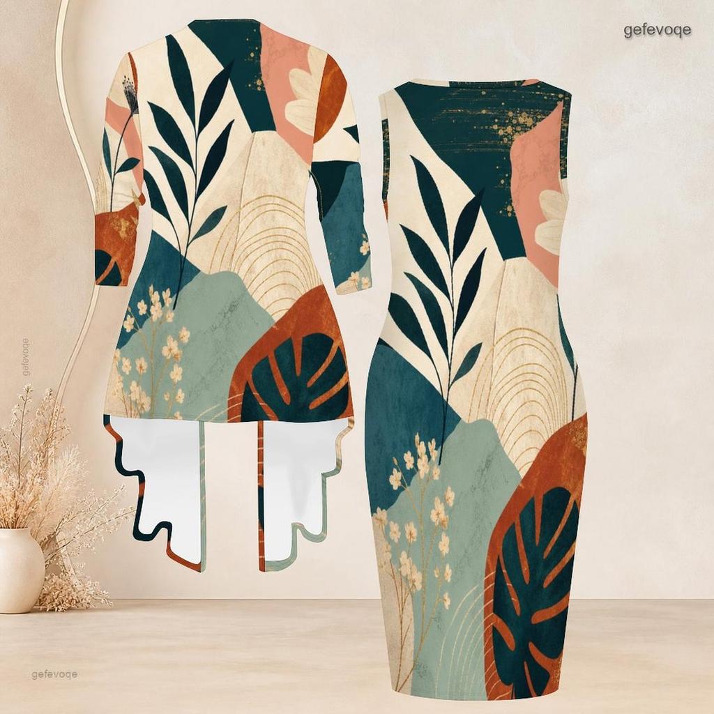 Women Plus Size Two Piece Set Printed Sleeveless Bodycon Dress 3 4 Sleeve Draped Cardigan