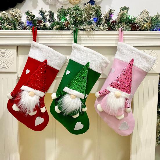 Christmas Stocking Sequins Satan Claus Heart Decor Hanging Stocking with Lanyard Xmas Party Decorative Bag