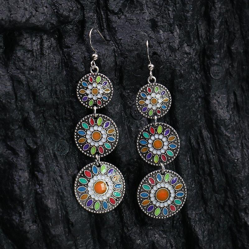 Vintage Bohemian Drop Dangle Earrings For Women Long Crystal Flower Hollow Geometric Enamel Ethnic Boho Wedding Earrings Jewelry