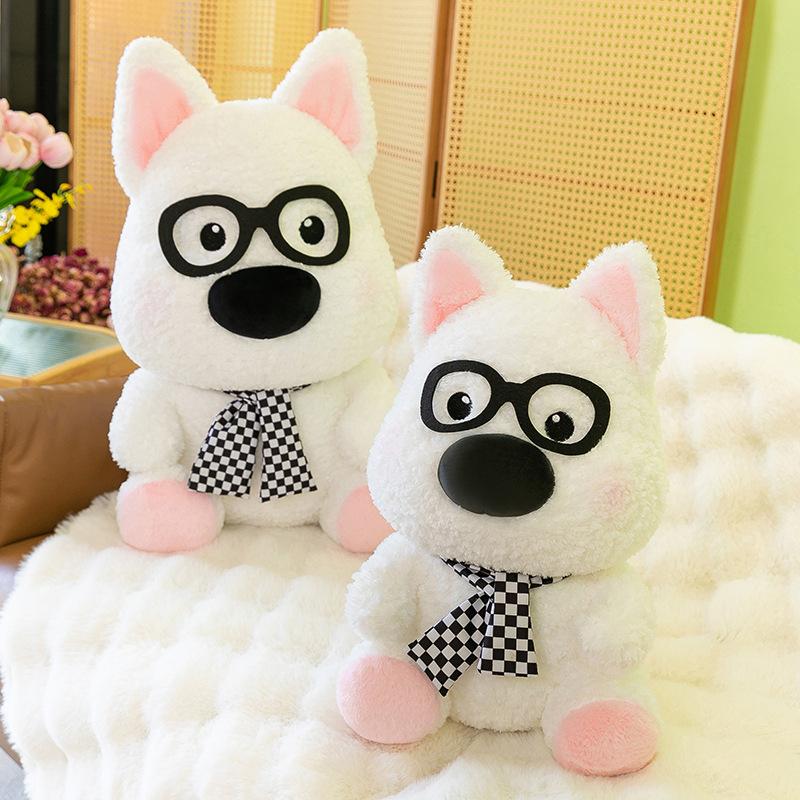 Glasses dog plush toy black and white plaid dog dog doll big sleeping hug leg doll