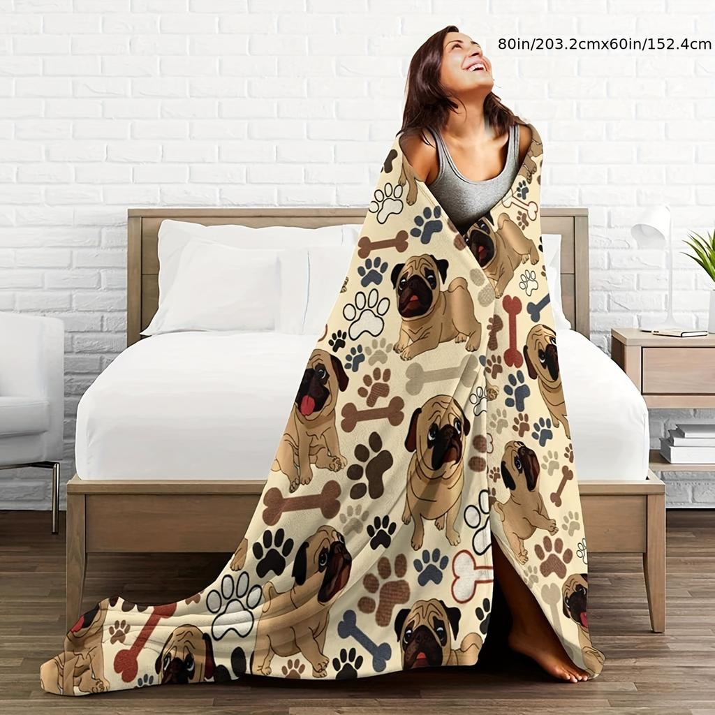 Ultra-weiche Mops & Hundepfotenabdruck Flanell-Kuscheldecke - Perfekt für Sofa, Bett, Büro und Reisen - Ideales Geschenk für Tierliebhaber
