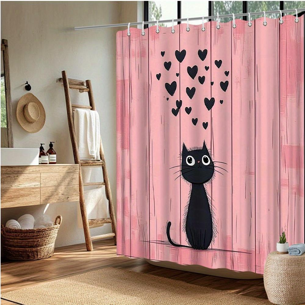 Black Cat Shower Curtain - Cute Wide-Eyed Cat & Floating Hearts On Pink, 12 Hooks, Playful Bath Decor