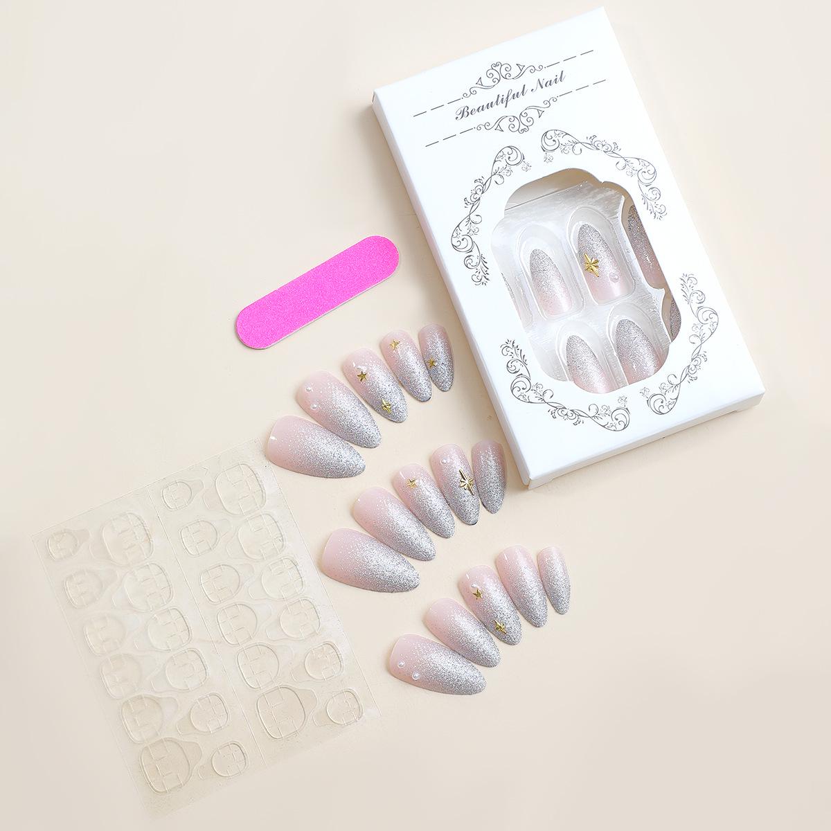 

Миндалевидные глиттерные градиентные жемчужные накладные ногти с дизайном звезды