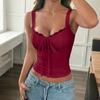 Women Lace Trim Bow Tie Wide Strap Fitted Corset Cami Top