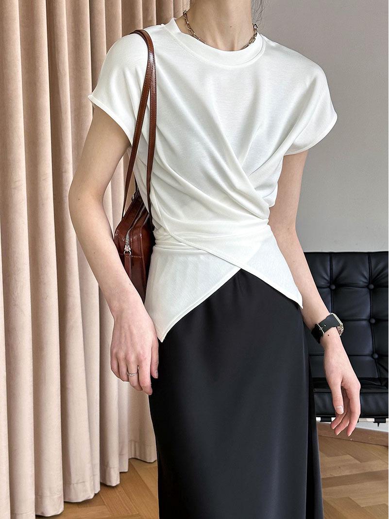 

Женская футболка с круглым вырезом и узлом-скруткой Ju Zhi Весна/Лето 2024, Повседневный свободный топ 829 One Size белый