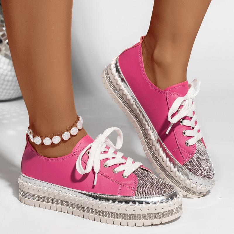 Fashion Fashion Car Stitch Colorblock Platform Single Shoes Fall New Round Toe Crystal Front Lace-Up Flat Sneakers