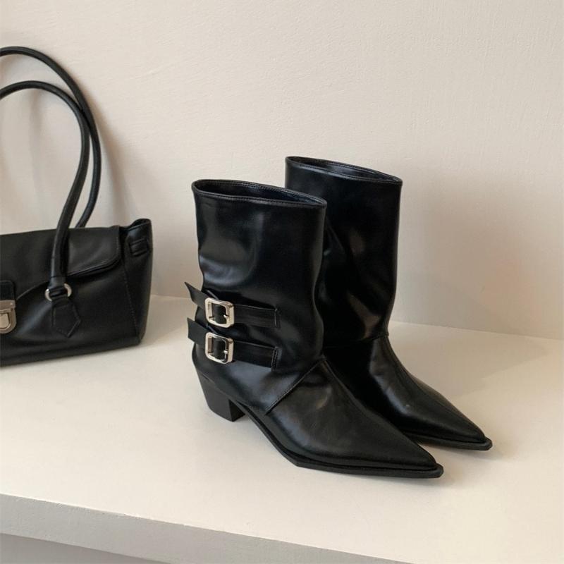 Pointed Toe Thick Heel Woman Pipe Ankle Boot Fashion Ladies Belt Buckle Slim Short Booties Autumn Winter Women